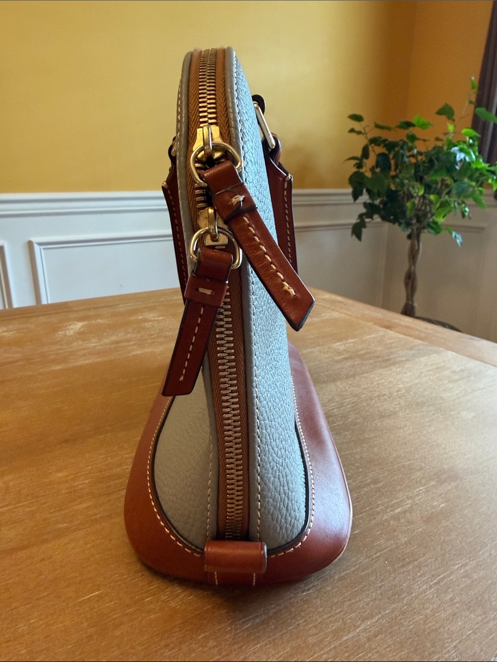 Dooney & Bourke Grey Pebbled Leather Satchel with Brown Trim - Picture 4 of 7
